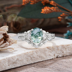 Naturally Inspired Luxury 4-Prong Oval Cut Natural Moss Agate Stacking Ring
