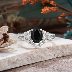Naturally Inspired Luxury 4-Prong Oval Cut Black Onyx Stacking Ring Set