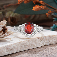 Naturally Inspired Luxury 4-Prong Oval Cut Garnet Stacking Ring Set