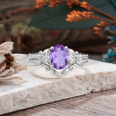 Naturally Inspired Luxury 4-Prong Oval Cut Amethyst Stacking Ring Set