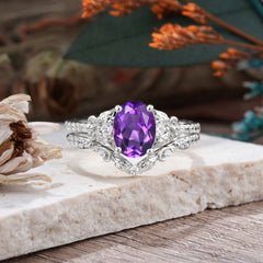 Naturally Inspired Luxury 4-Prong Oval Cut Amethyst Stacking Ring Set