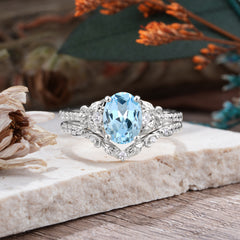 Naturally Inspired Luxury 4-Prong Oval Cut Aquamarine Stacking Ring Set