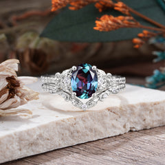Naturally Inspired Luxury 4-Prong Oval Cut Alexandrite Stacking Ring Set