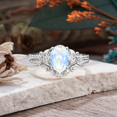 Naturally Inspired Luxury 4-Prong Oval Cut Moonstone Stacking Ring Set