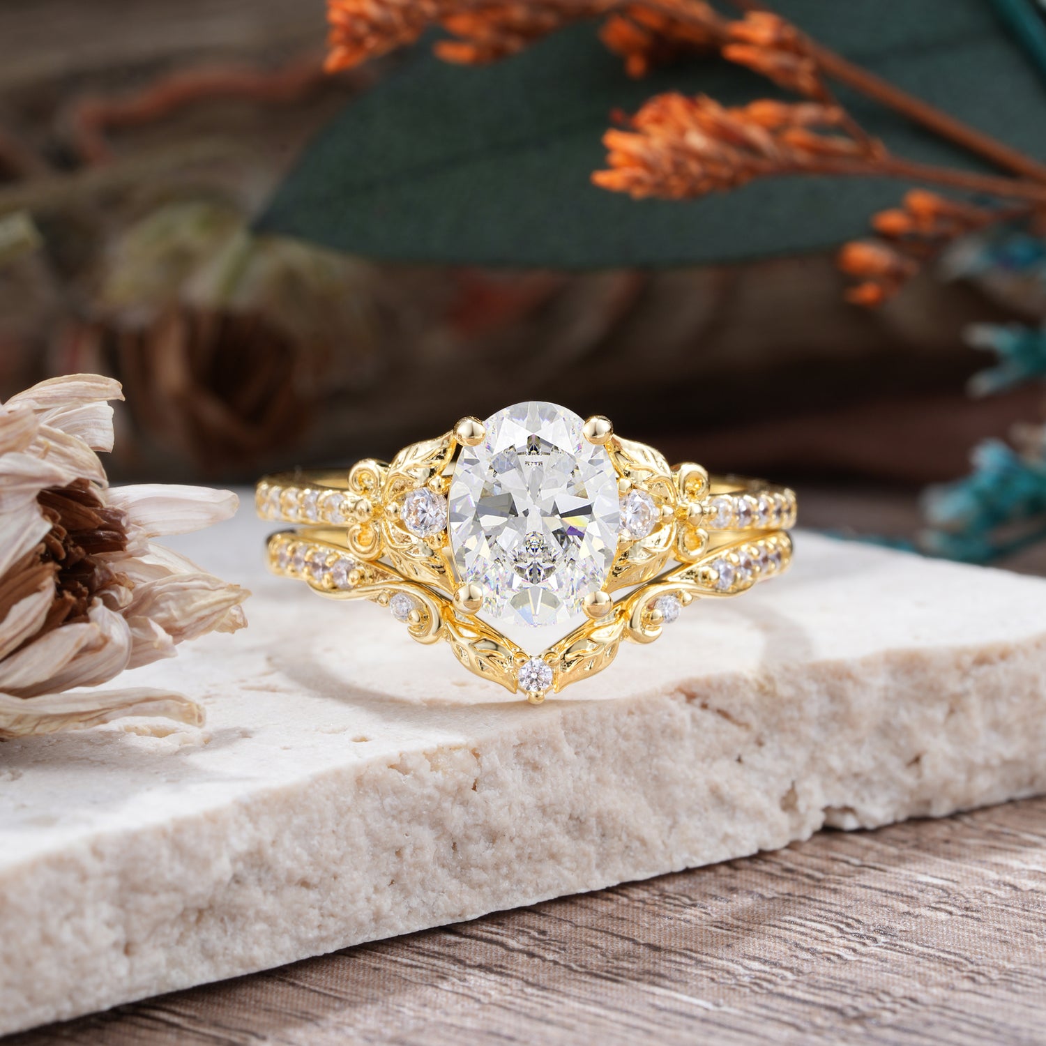 Naturally Inspired Luxury 4-Prong Oval Cut Moissanite Stacking Ring Set