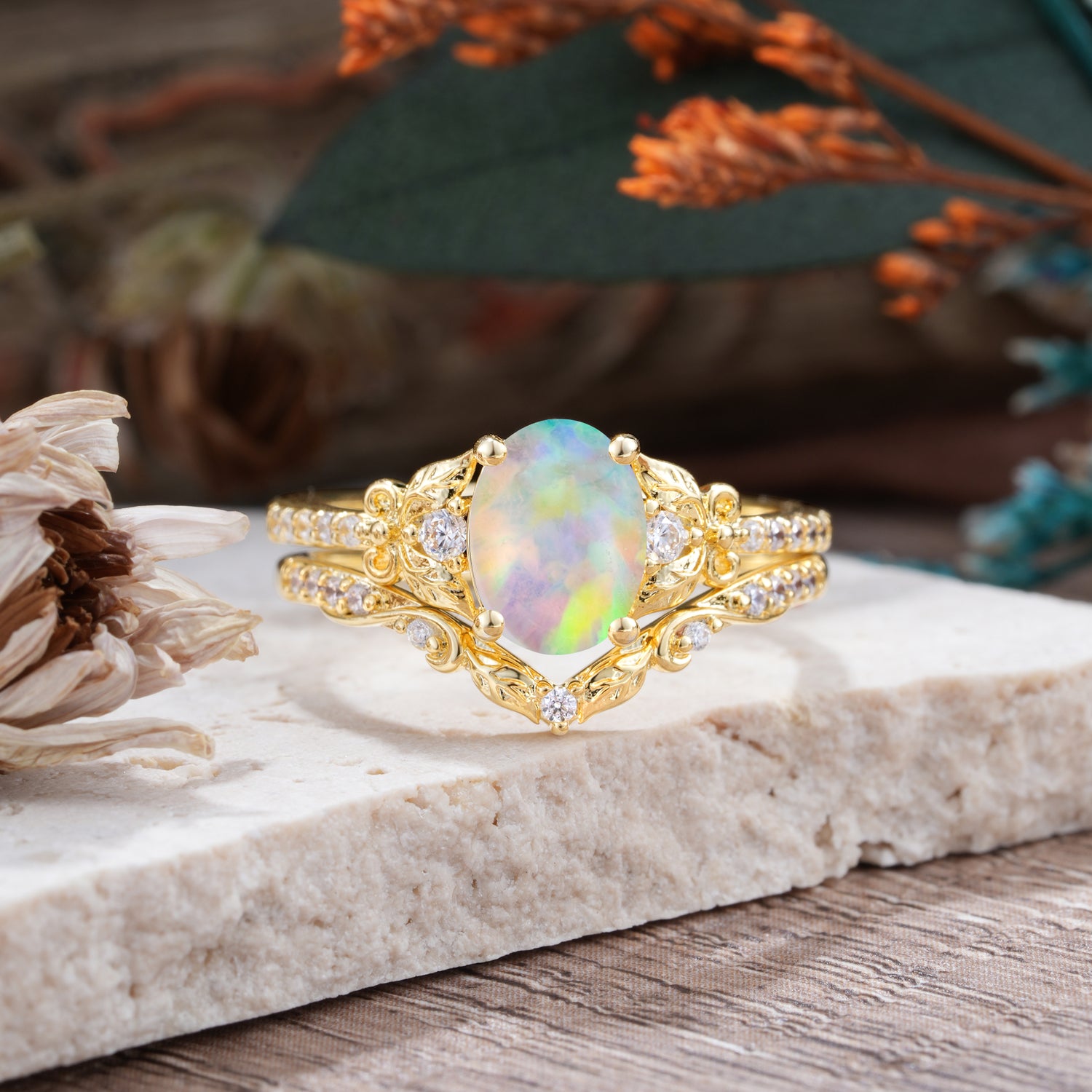 Naturally Inspired Luxury 4-Prong Oval Cut Opal Bridal Ring Set