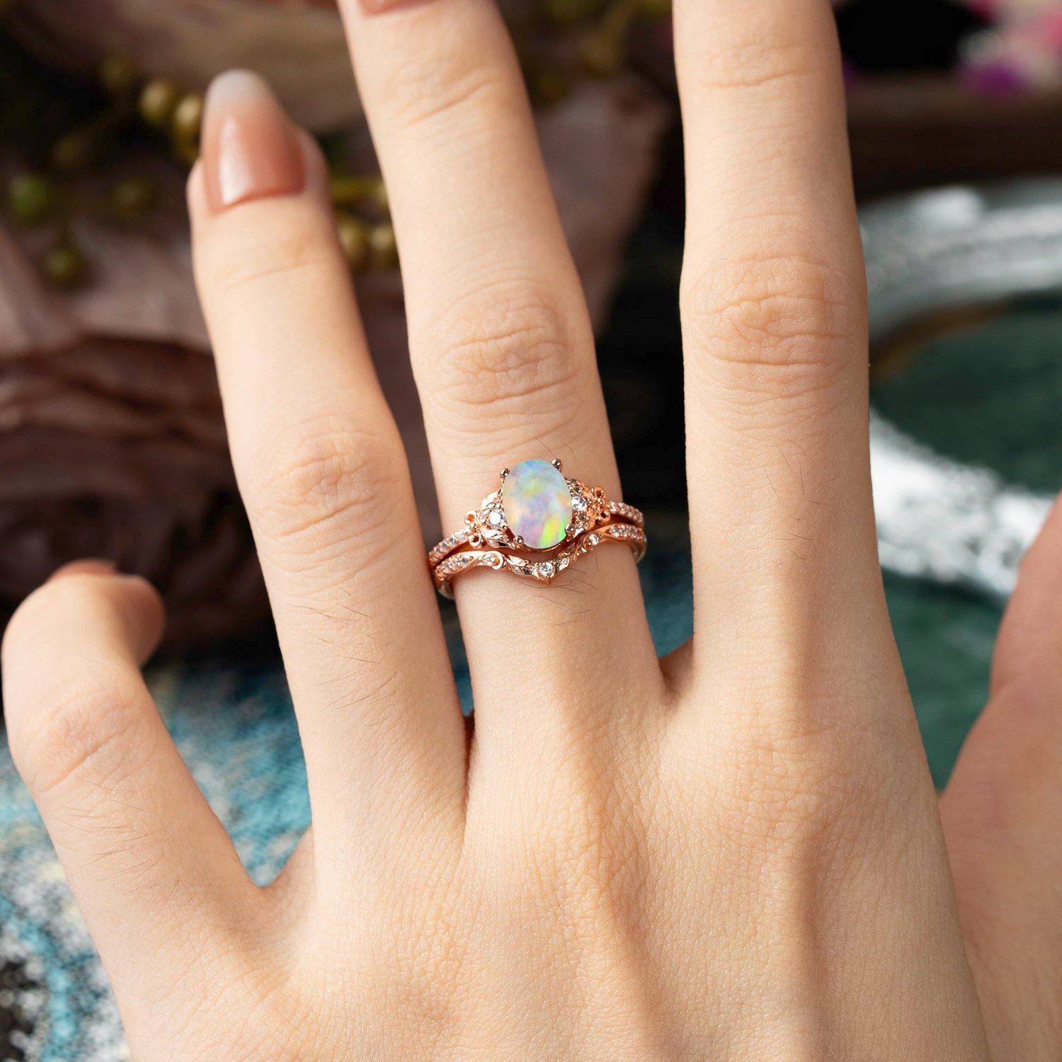 Naturally Inspired Luxury 4-Prong Oval Cut Opal Bridal Ring Set