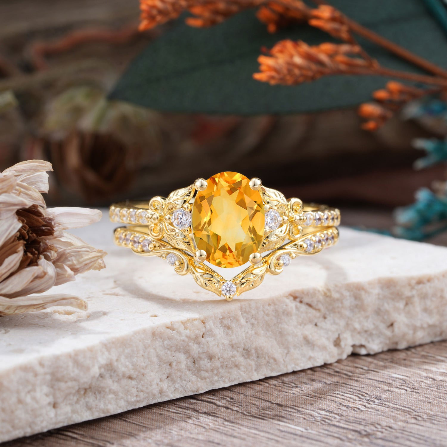 Naturally Inspired Luxury 4-Prong Oval Cut Citrine Bridal Ring Set