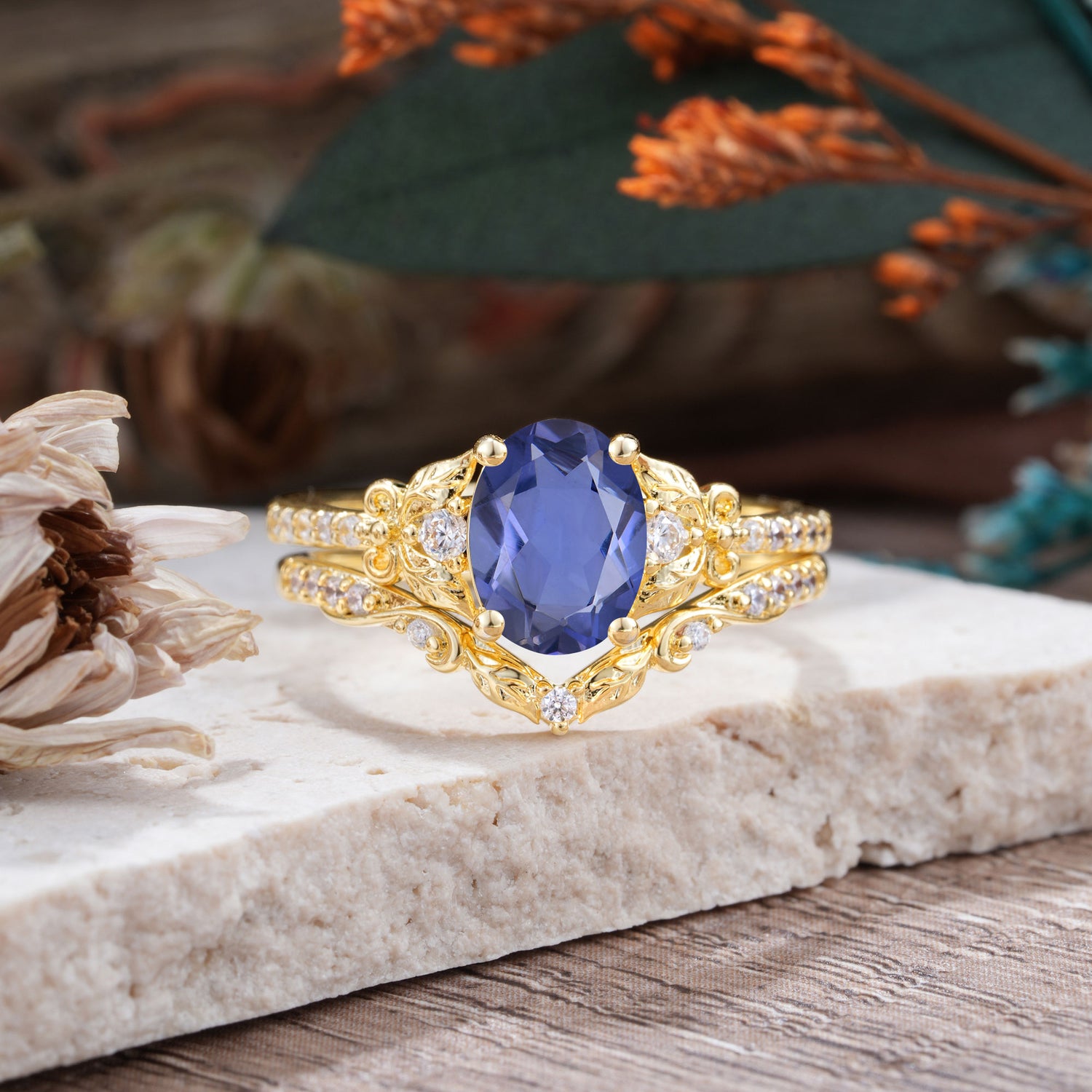 Naturally Inspired Luxury 4-Prong Oval Cut Tanzanite Bridal Ring Set