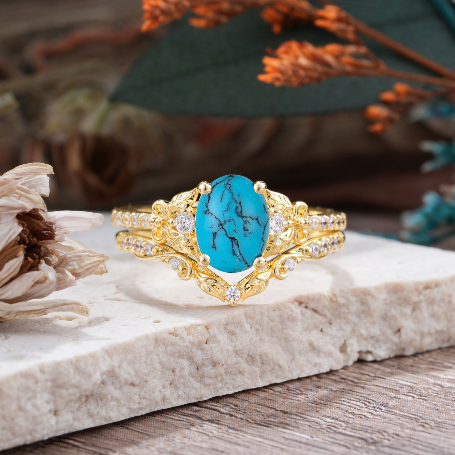 Naturally Inspired Luxury 4-Prong Oval Cut Turquoise Bridal Ring Set