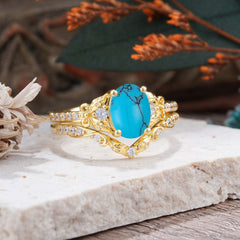 Naturally Inspired Luxury 4-Prong Oval Cut Turquoise Stacking Ring Set