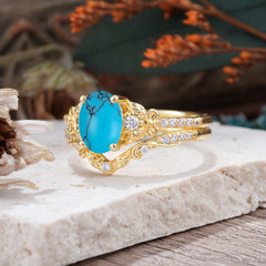 Naturally Inspired Luxury 4-Prong Oval Cut Turquoise Stacking Ring Set