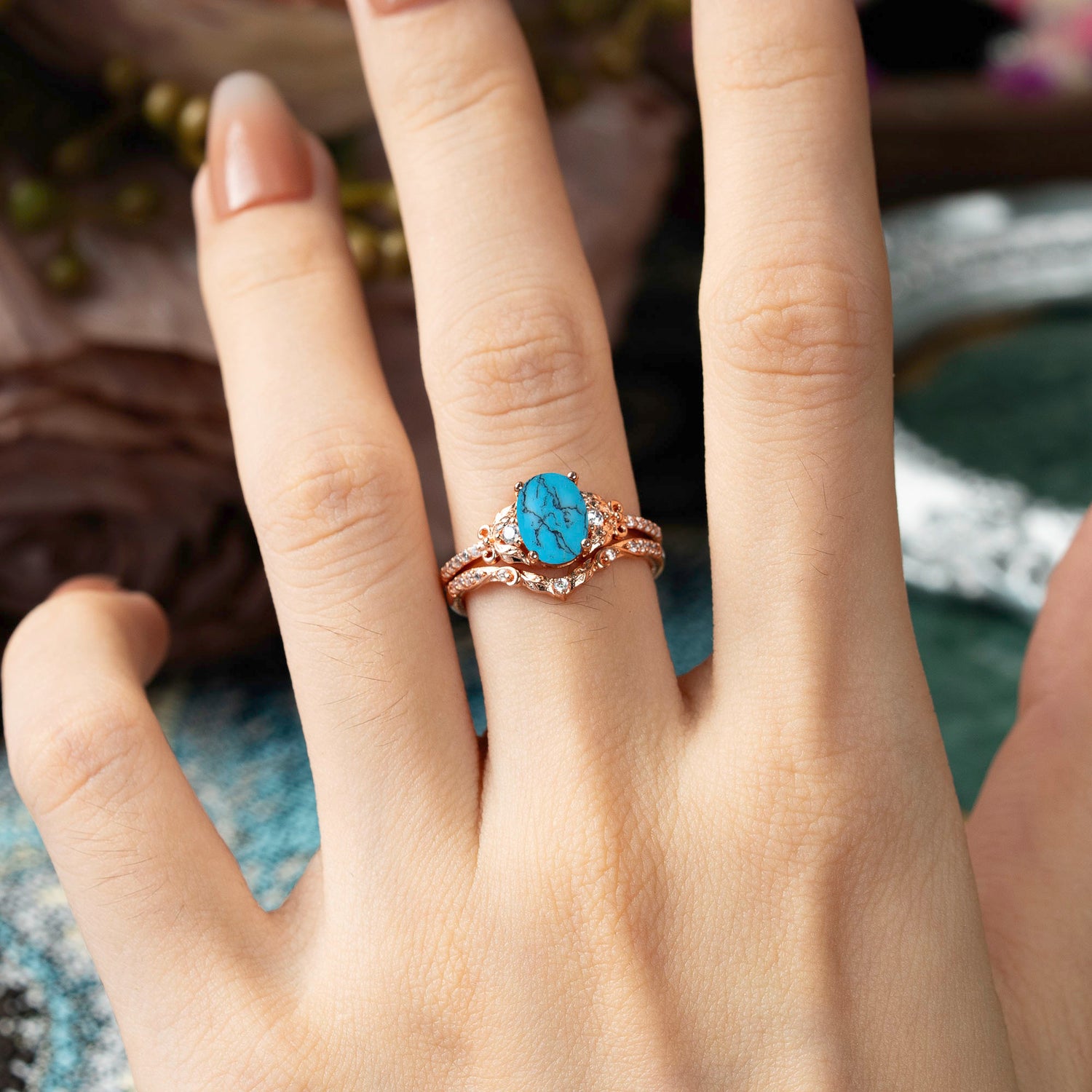 Naturally Inspired Luxury 4-Prong Oval Cut Turquoise Bridal Ring Set