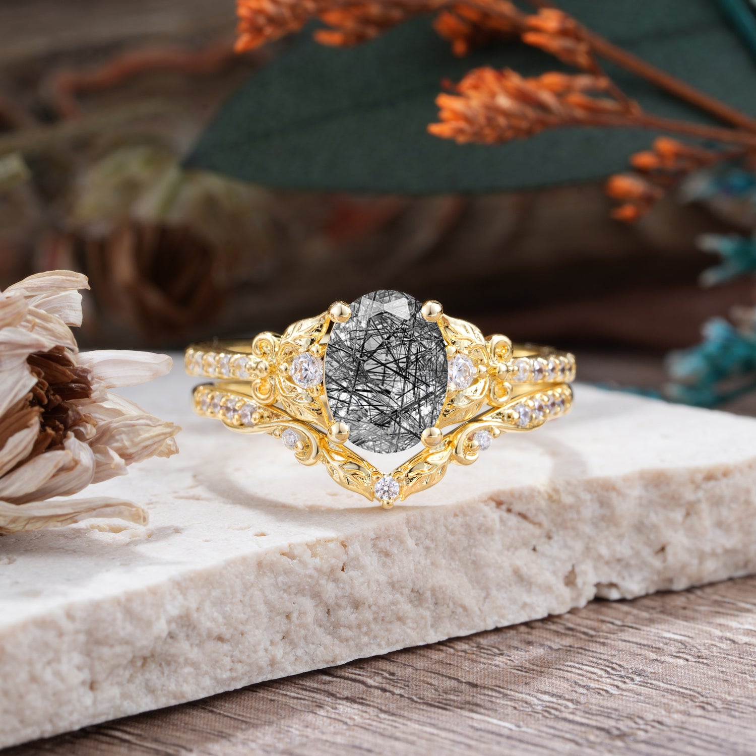 Naturally Inspired Luxury 4-Prong Oval Cut Black Rutilated Quartz Bridal Ring Set