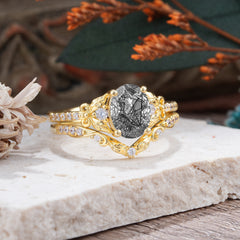 Naturally Inspired Luxury 4-Prong Oval Cut Black Rutilated Quartz Stacking Ring Set