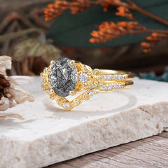 Naturally Inspired Luxury 4-Prong Oval Cut Black Rutilated Quartz Stacking Ring Set