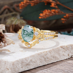 Naturally Inspired Luxury 4-Prong Oval Cut Natural Moss Agate Stacking Ring