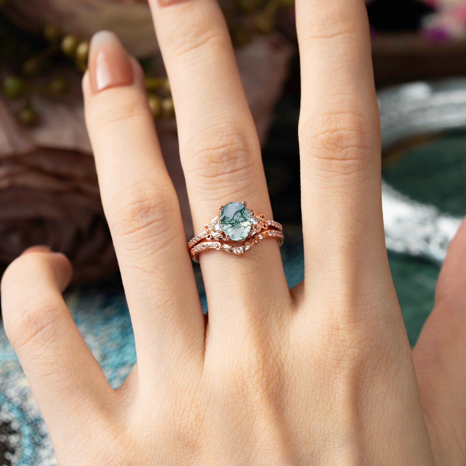 Naturally Inspired Luxury 4-Prong Oval Cut Natural Moss Agate Bridal Ring Set