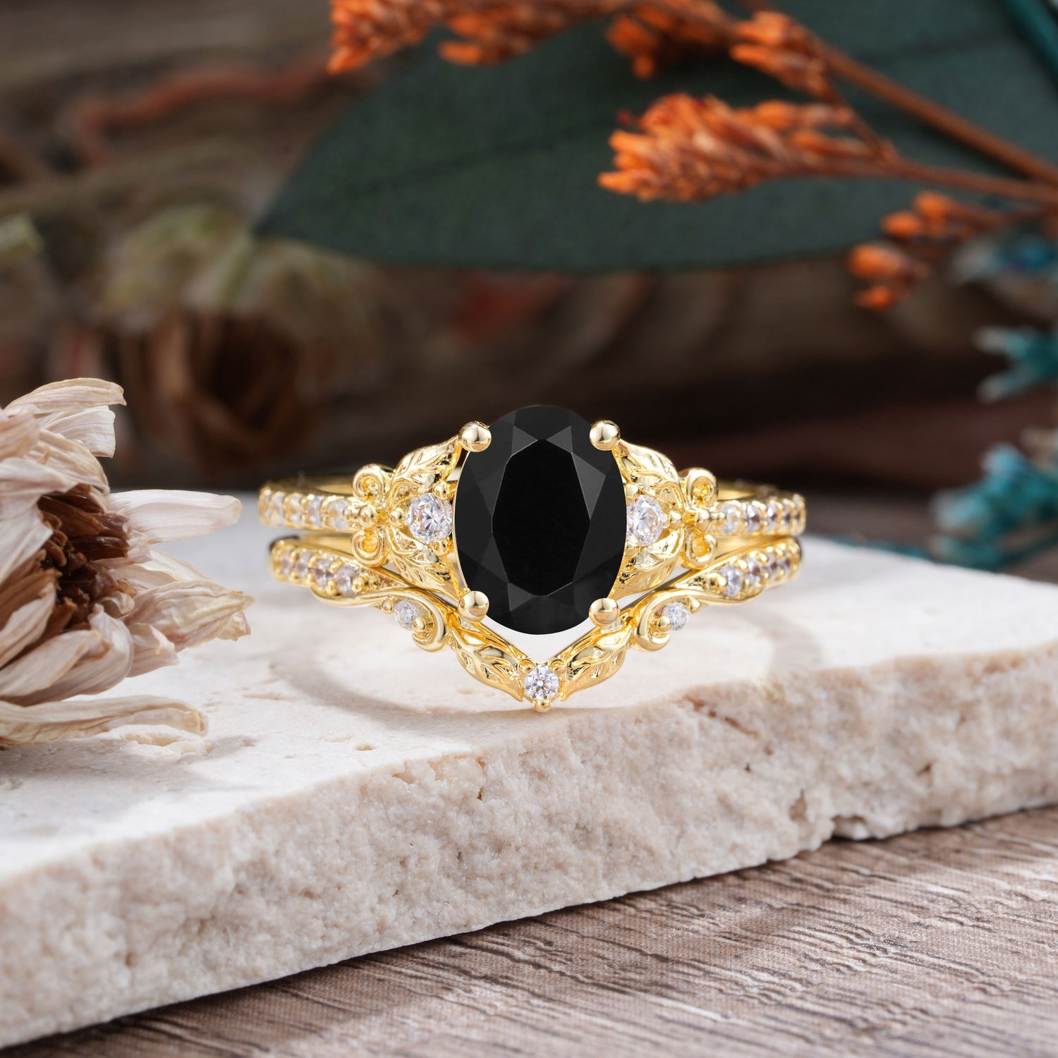 Naturally Inspired Luxury 4-Prong Oval Cut Black Onyx Bridal Ring Set