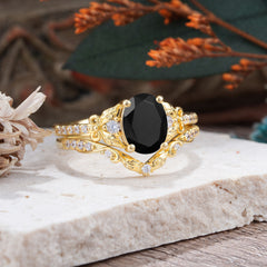 Naturally Inspired Luxury 4-Prong Oval Cut Black Onyx Stacking Ring Set