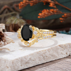 Naturally Inspired Luxury 4-Prong Oval Cut Black Onyx Stacking Ring Set