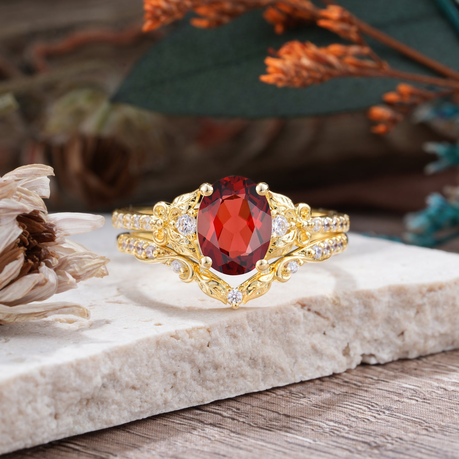 Naturally Inspired Luxury 4-Prong Oval Cut Garnet Bridal Ring Set