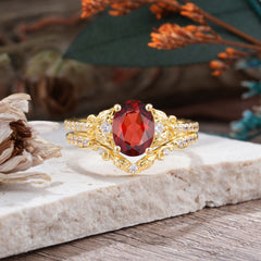 Naturally Inspired Luxury 4-Prong Oval Cut Garnet Stacking Ring Set