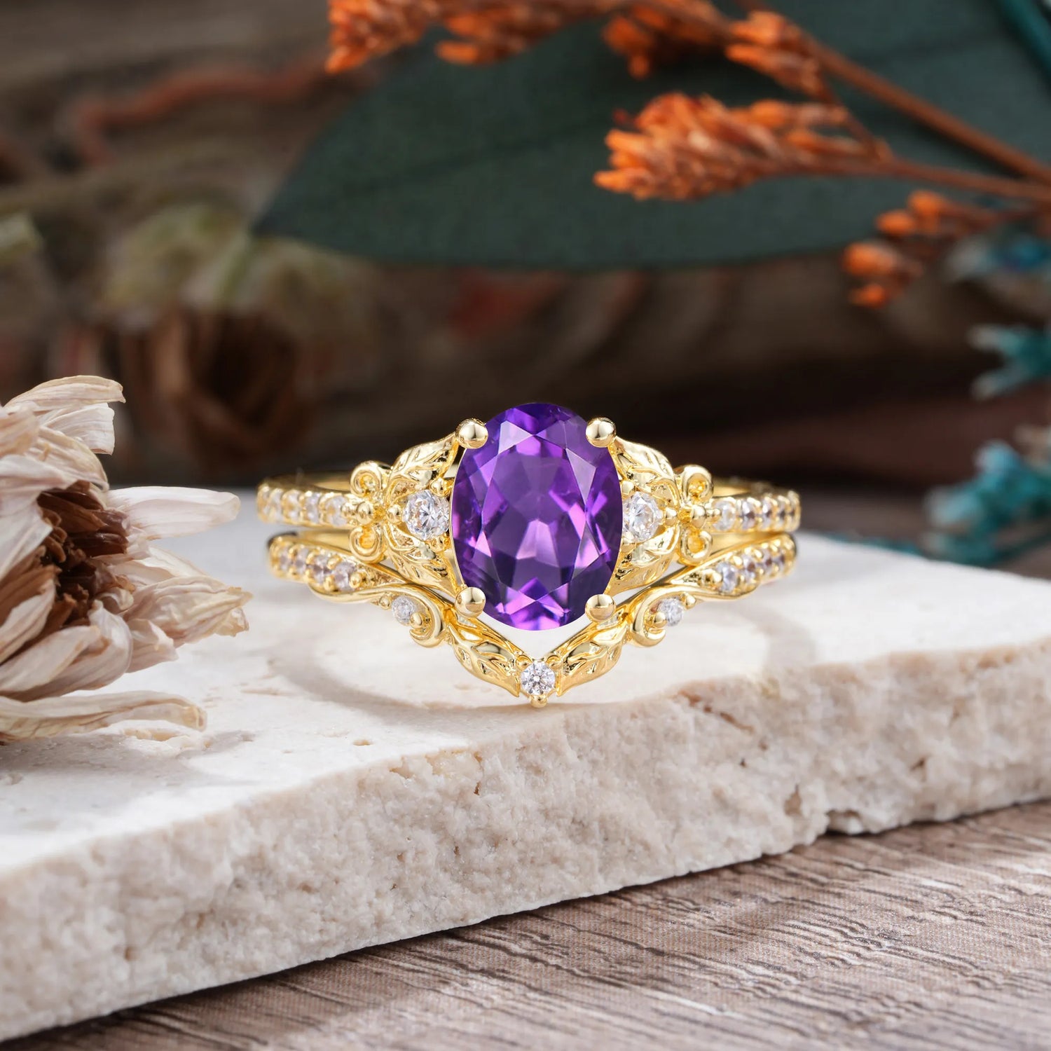 Naturally Inspired Luxury 4-Prong Oval Cut Amethyst Bridal Ring Set