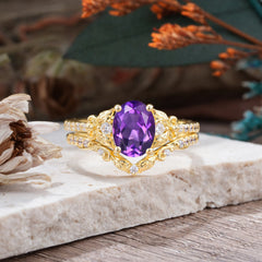 Naturally Inspired Luxury 4-Prong Oval Cut Amethyst Stacking Ring Set