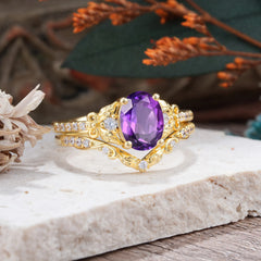 Naturally Inspired Luxury 4-Prong Oval Cut Amethyst Stacking Ring Set