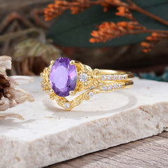 Naturally Inspired Luxury 4-Prong Oval Cut Amethyst Stacking Ring Set