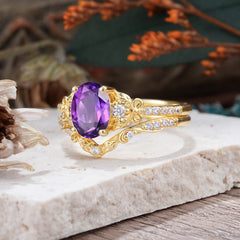 Naturally Inspired Luxury 4-Prong Oval Cut Amethyst Stacking Ring Set