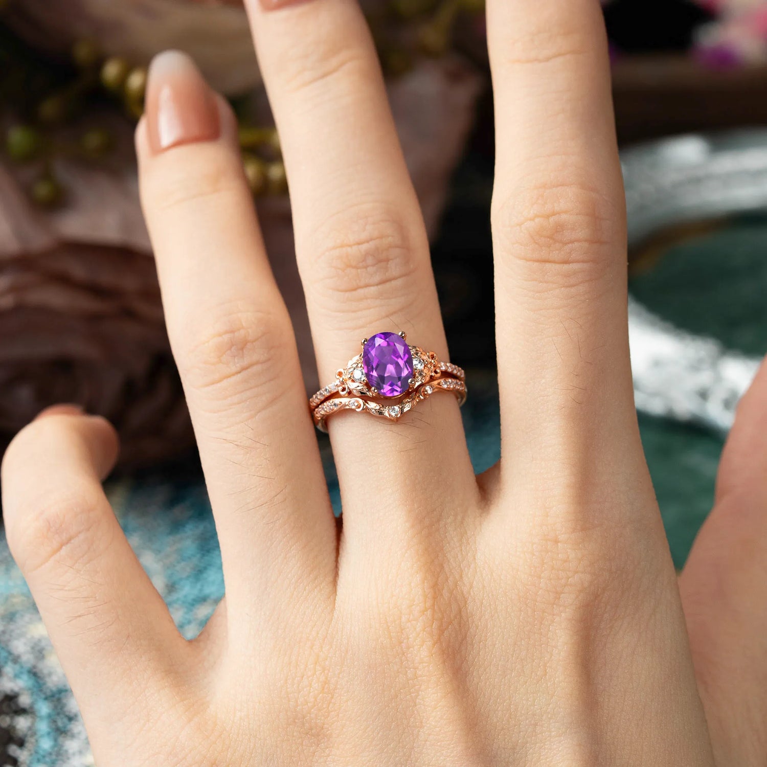 Naturally Inspired Luxury 4-Prong Oval Cut Amethyst Bridal Ring Set