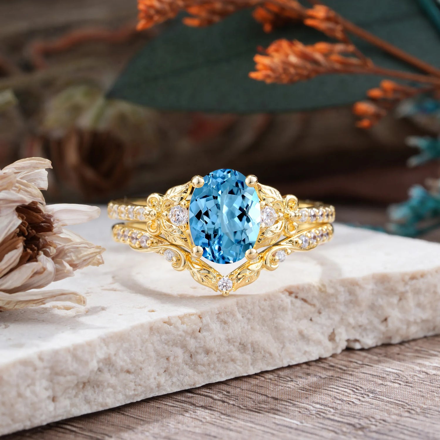 Naturally Inspired Luxury 4-Prong Oval Cut Aquamarine Bridal Ring Set