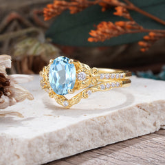 Naturally Inspired Luxury 4-Prong Oval Cut Aquamarine Stacking Ring Set