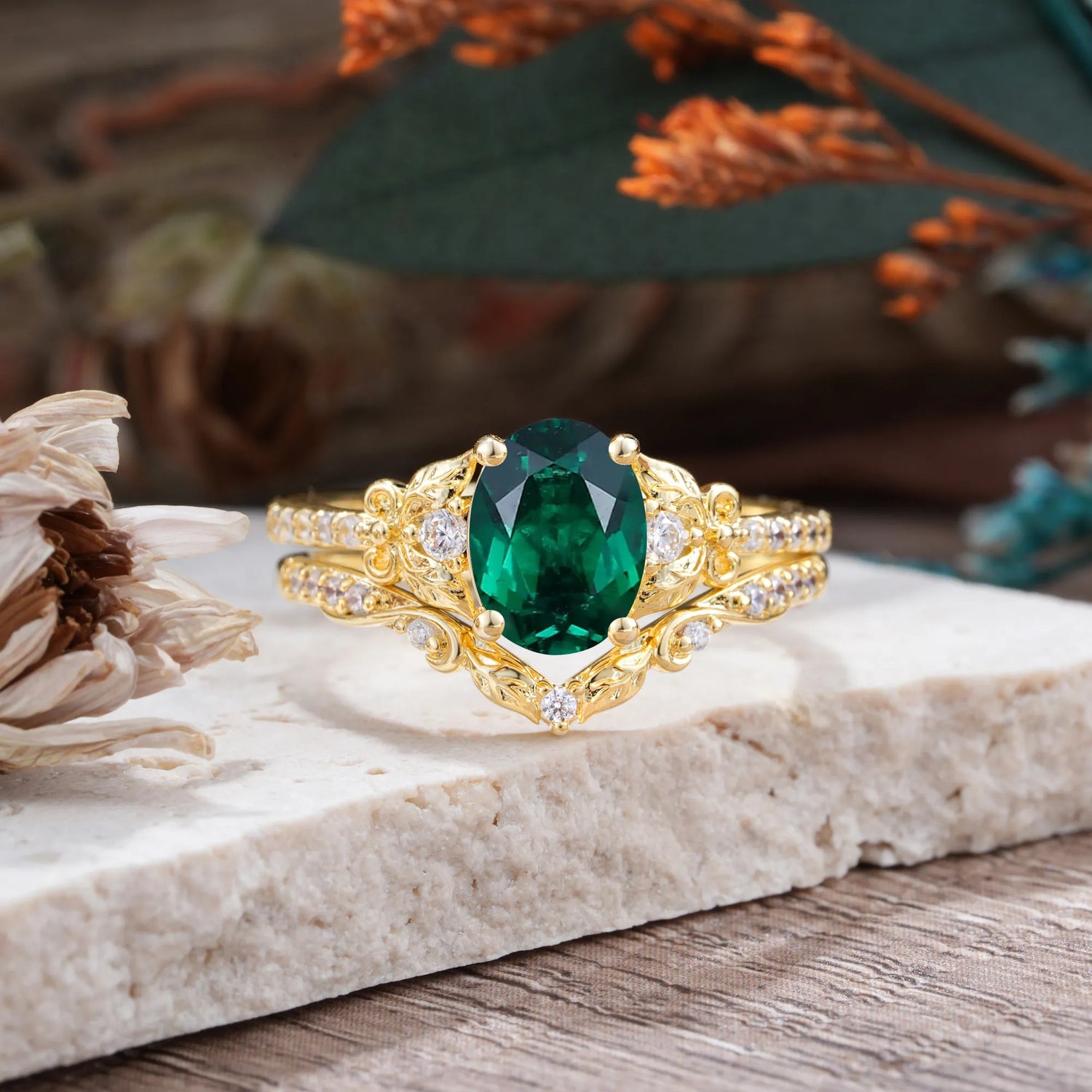 Naturally Inspired Luxury 4-Prong Oval Cut Emerald Bridal Ring Set