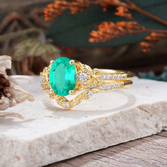 Naturally Inspired Luxury 4-Prong Oval Cut Emerald Stacking Ring Set