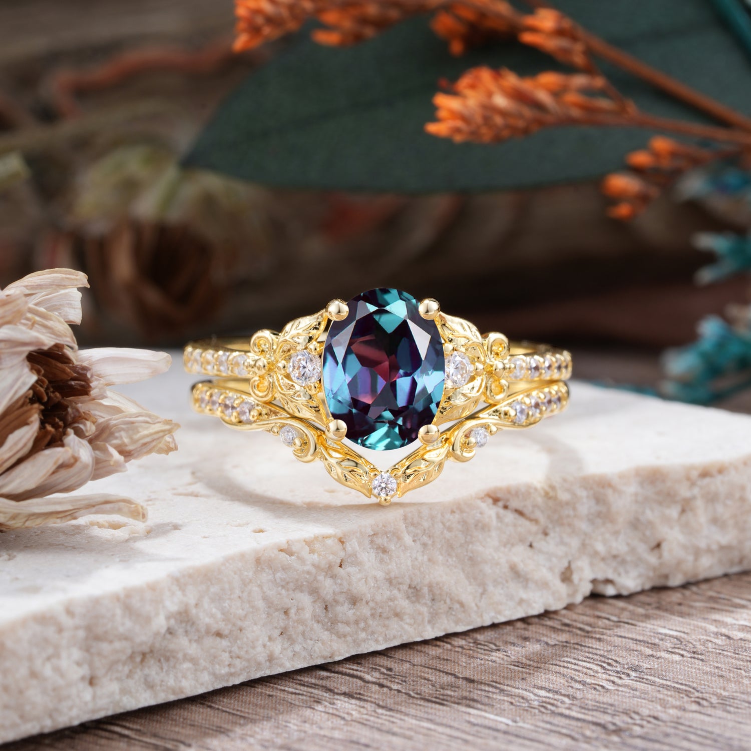 Naturally Inspired Luxury 4-Prong Oval Cut Alexandrite Bridal Ring Set