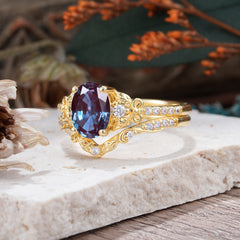 Naturally Inspired Luxury 4-Prong Oval Cut Alexandrite Stacking Ring Set