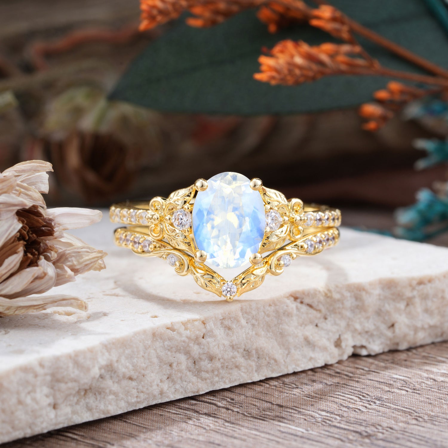 Naturally Inspired Luxury 4-Prong Oval Cut Moonstone Bridal Ring Set
