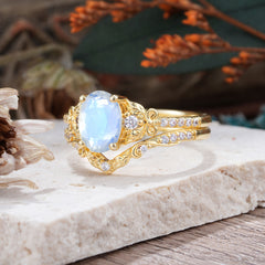 Naturally Inspired Luxury 4-Prong Oval Cut Moonstone Stacking Ring Set