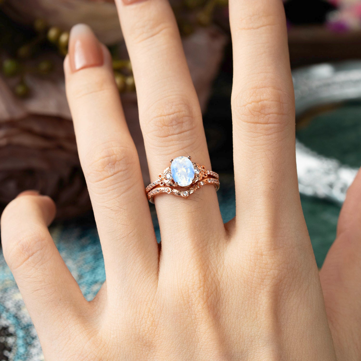 Naturally Inspired Luxury 4-Prong Oval Cut Moonstone Bridal Ring Set