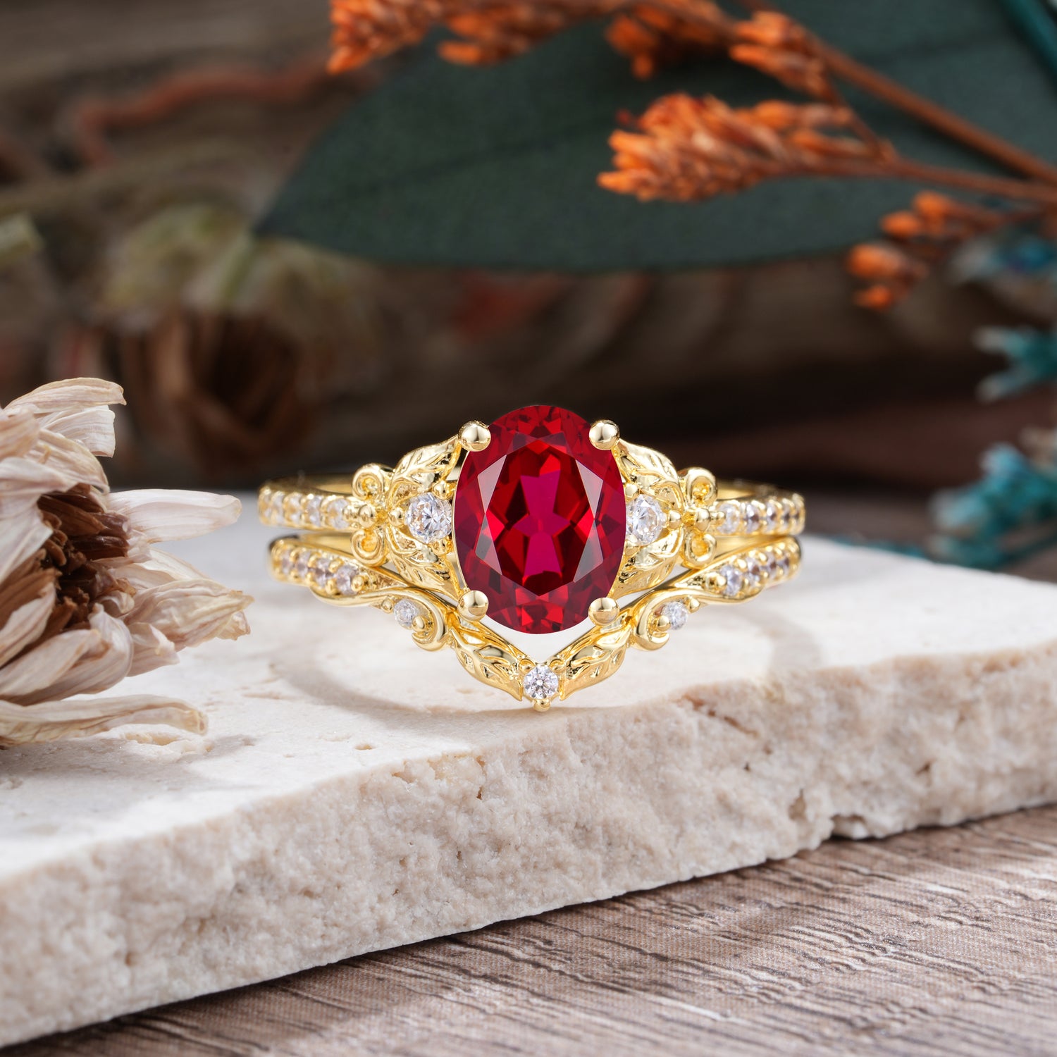 Naturally Inspired Luxury 4-Prong Oval Cut Ruby Bridal Ring Set