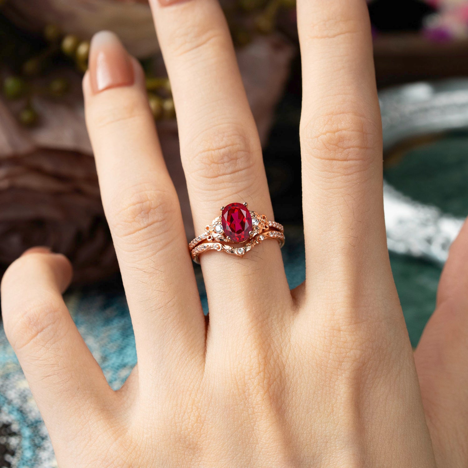 Naturally Inspired Luxury 4-Prong Oval Cut Ruby Bridal Ring Set