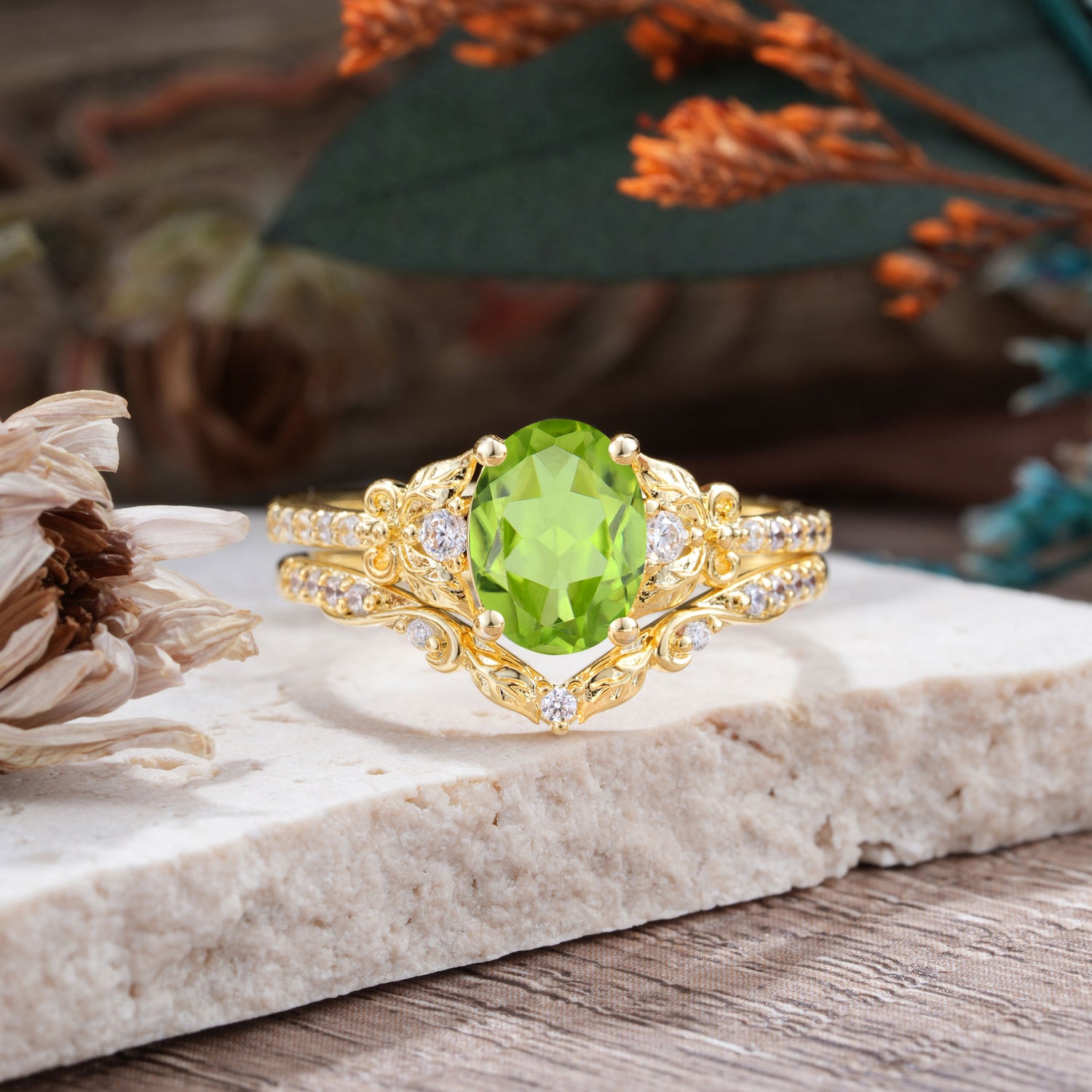 Naturally Inspired Luxury 4-Prong Oval Cut Peridot Bridal Ring Set