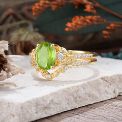 Naturally Inspired Luxury 4-Prong Oval Cut Peridot Stacking Ring Set