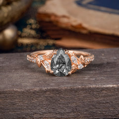 Nature-Inspired Classic Luxe 4-Prong Pear-Cut Black Rutilated Quartz Engagement Ring