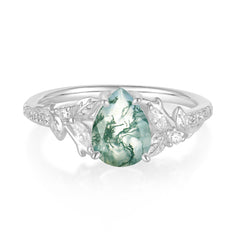 Nature-Inspired Classic Luxe 4-Prong Pear-Cut Natural Moss Agate Engagement Ring