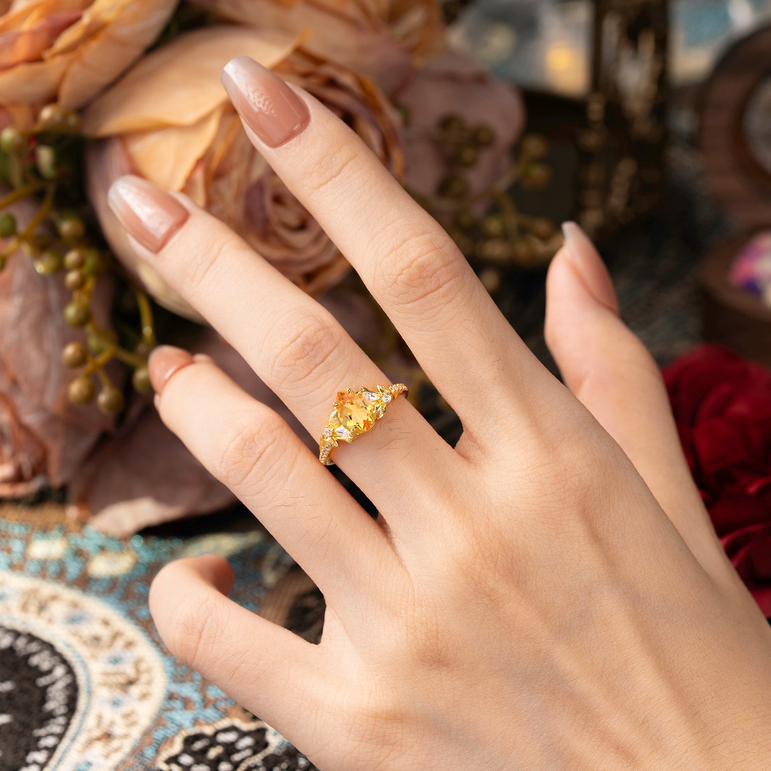 Nature-Inspired Classic Luxe 4-Prong Pear-Cut Citrine Engagement Ring