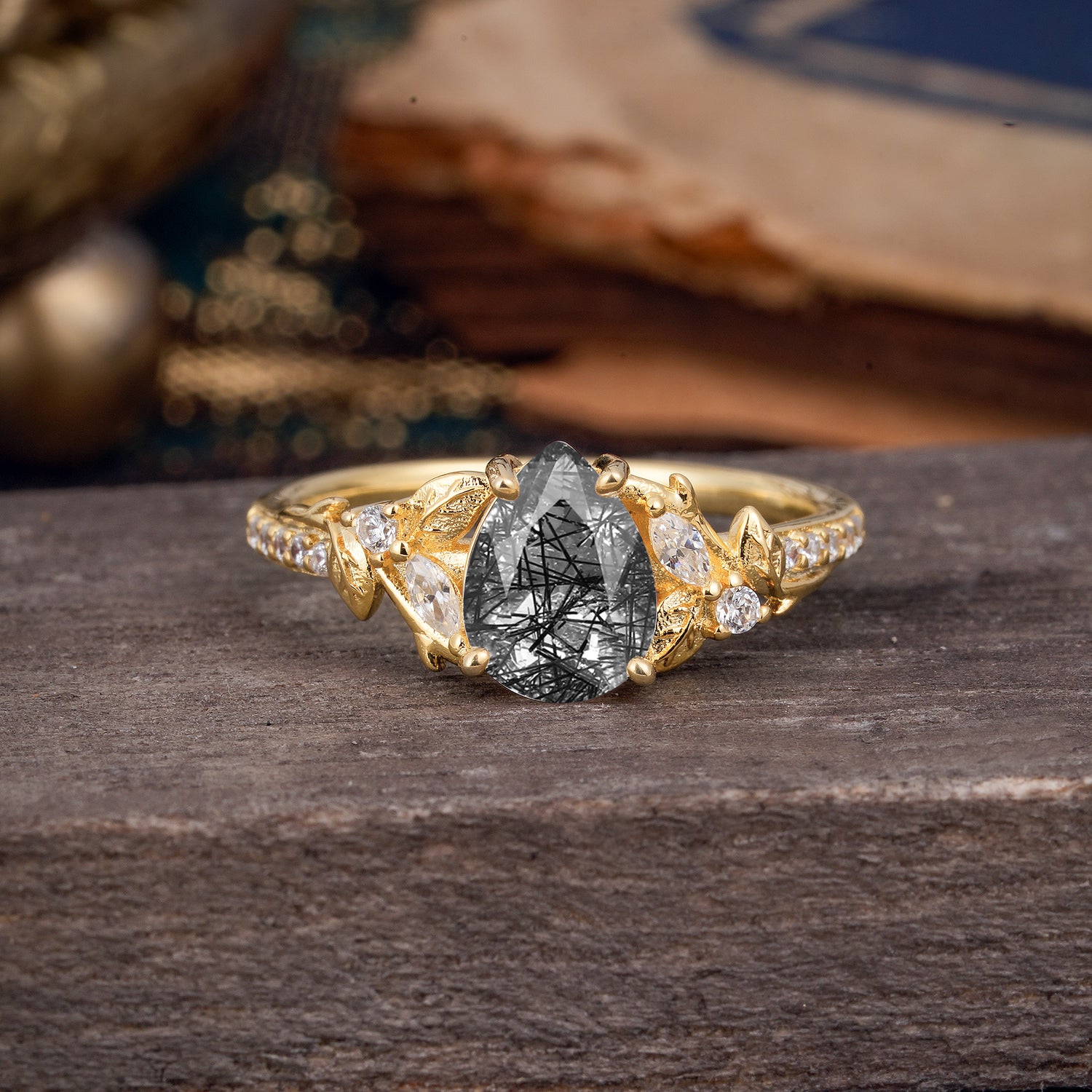 Nature-Inspired Classic Luxe 4-Prong Pear-Cut Black Rutilated Quartz Engagement Ring